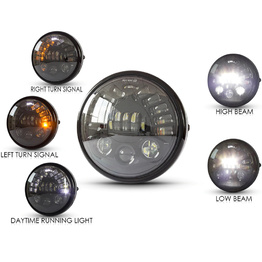 7.5" Gloss Black Metal LED Headlight with Integrated Indicators